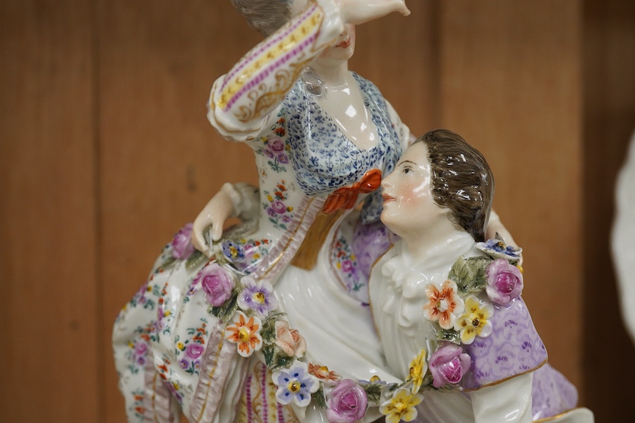 A late 19th century Meissen style group, The Broken Bridge, with cherubs, 24cm high